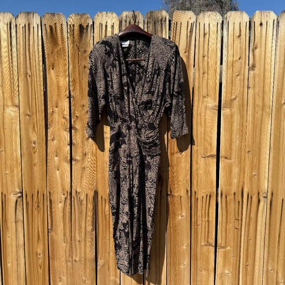 Vintage Dress 80s does 40s Abstract Print Long Sleeve Draped Dress Dark Print - Picture 3 of 12
